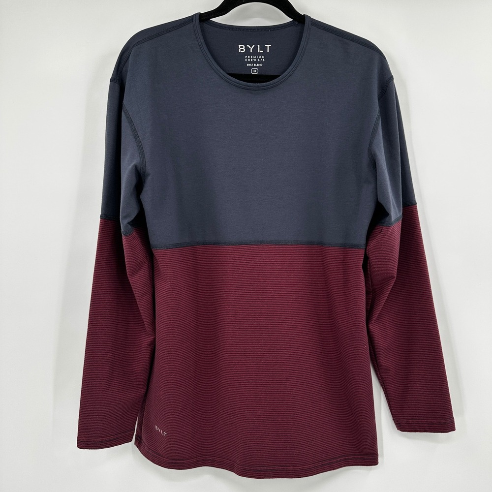 BYLT Premium Crew Mens Medium Navy Burgundy Colorblock Ribbed Shirt Medium Tech